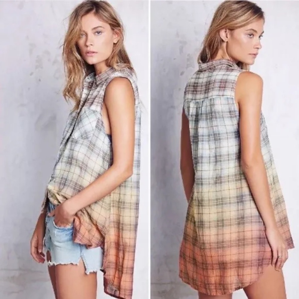 Free People Ombré Sleeves Plaid Shirt